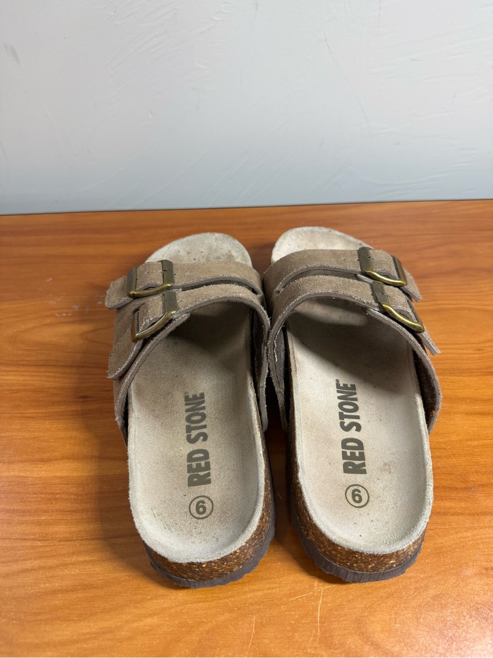 Red Stone Double Buckle Strap Slip on Sandal Suede Brown W9 - Picture 4 of 7